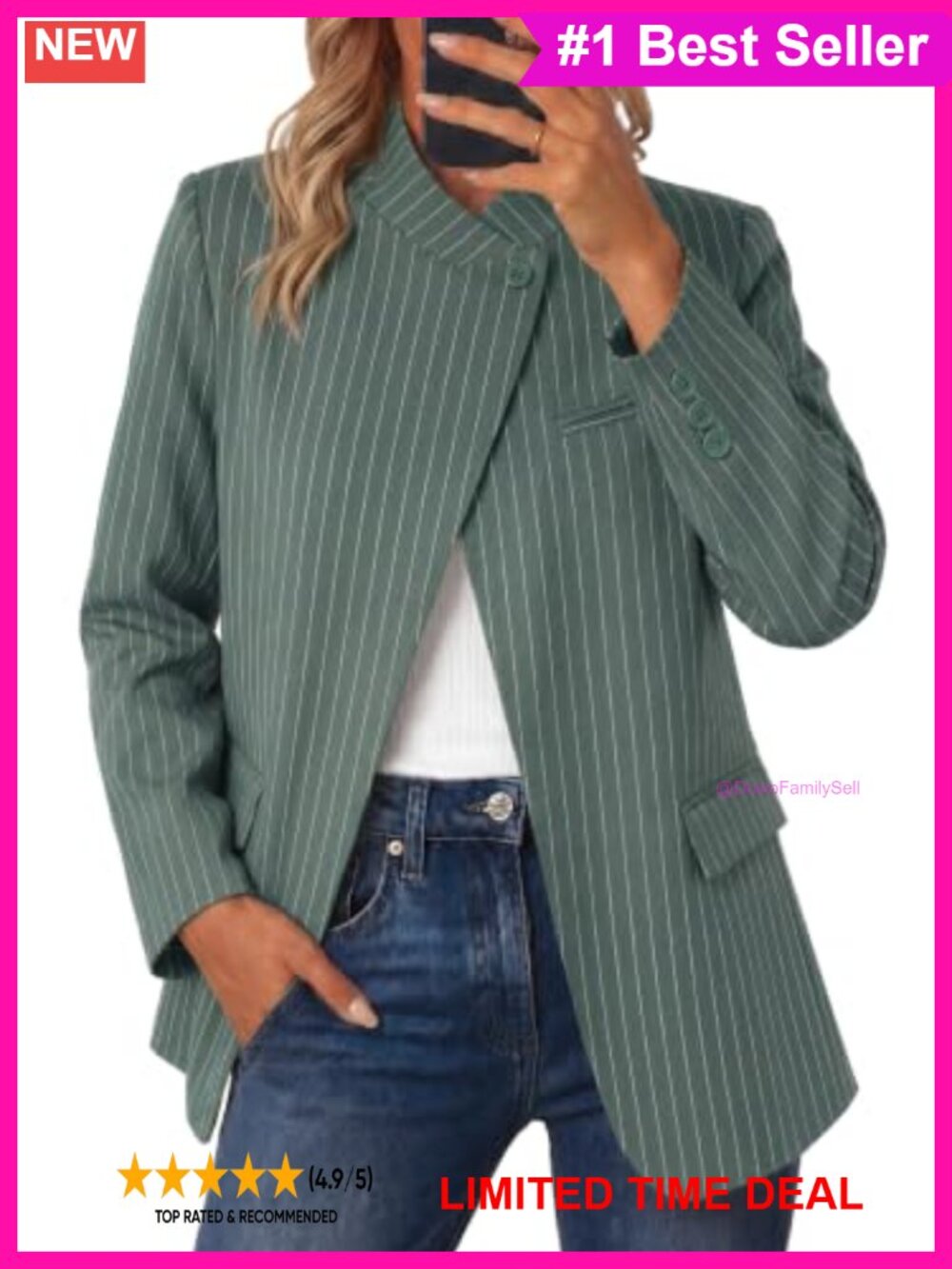 Women's Striped Business Blazer Stand Collar Open Front Suit Jacket
